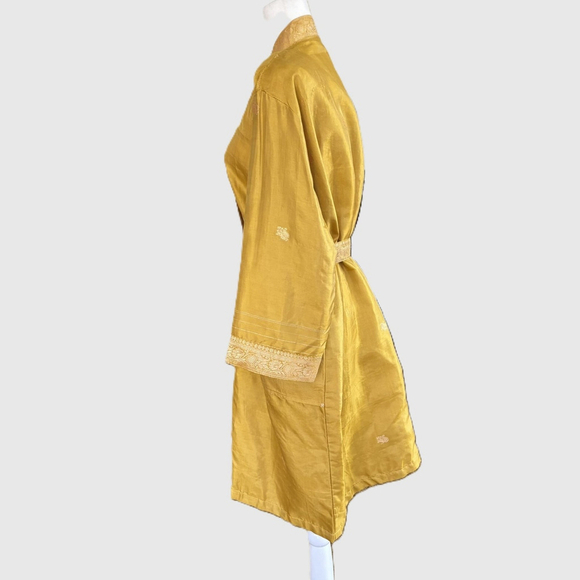 Vintage Silky Golden Yellow Lotus Embroidered Kimono Mid Length Robe OS - Picture 7 of 13